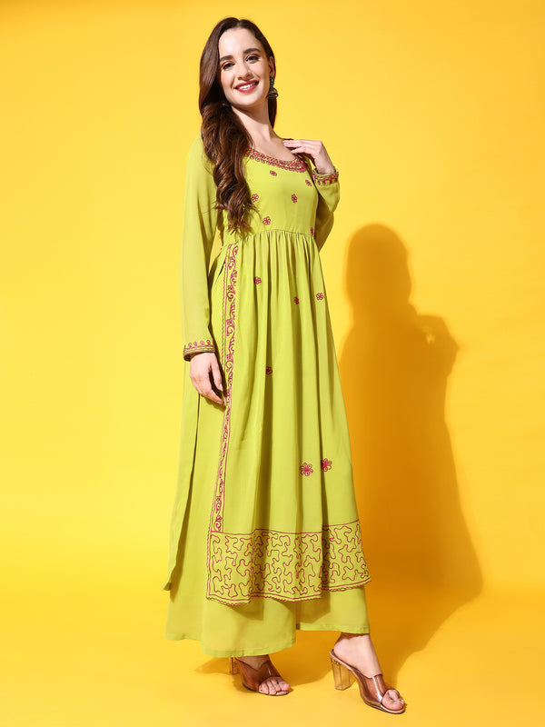 Poshak Hub Women Lime-Green georgette Aari work A-Line Kurta with Sharara