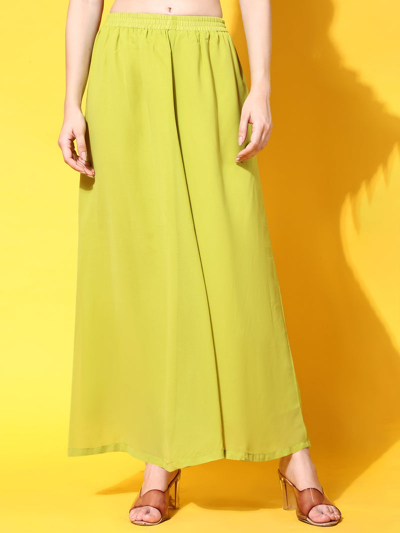 Poshak Hub Women Lime-Green georgette Aari work A-Line Kurta with Sharara