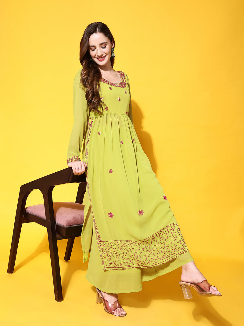 Poshak Hub Women Lime-Green georgette Aari work A-Line Kurta with Sharara