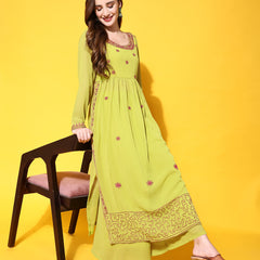 Poshak Hub Women Lime-Green georgette Aari work A-Line Kurta with Sharara
