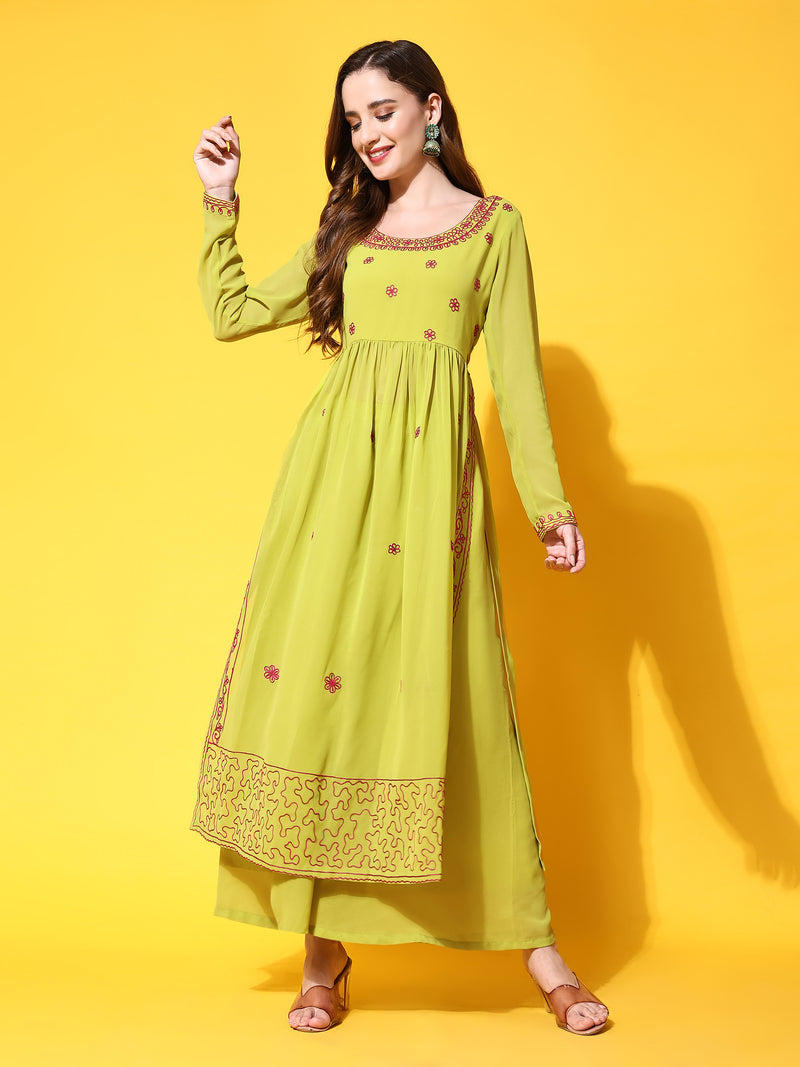 Poshak Hub Women Lime-Green georgette Aari work A-Line Kurta with Sharara