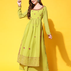 Poshak Hub Women Lime-Green georgette Aari work A-Line Kurta with Sharara