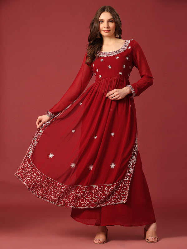 Poshak Hub Women Torquoise georgette Aari work A-Line Kurta with Sharara