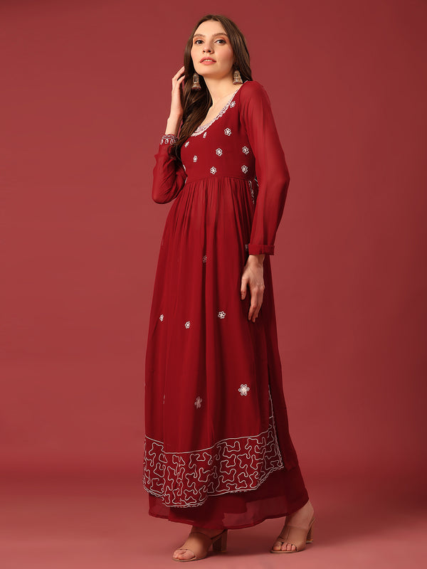 Poshak Hub Women Torquoise georgette Aari work A-Line Kurta with Sharara