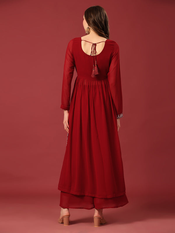 Poshak Hub Women Torquoise georgette Aari work A-Line Kurta with Sharara