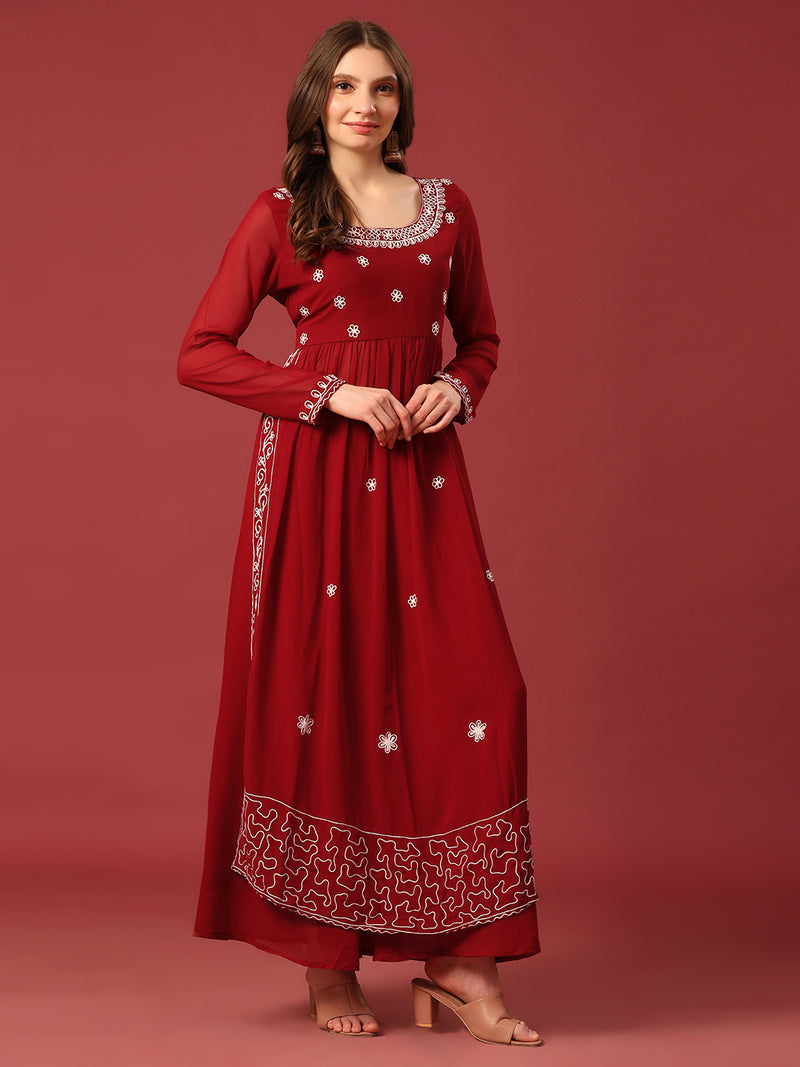 Poshak Hub Women Torquoise georgette Aari work A-Line Kurta with Sharara