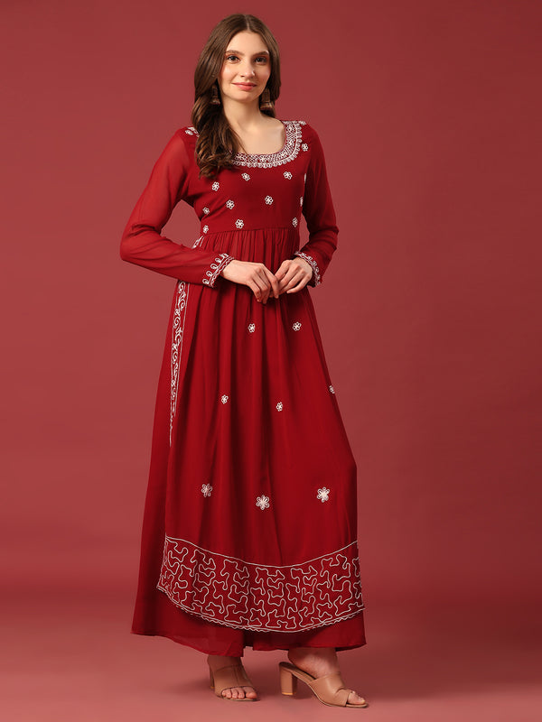 Poshak Hub Women Torquoise georgette Aari work A-Line Kurta with Sharara