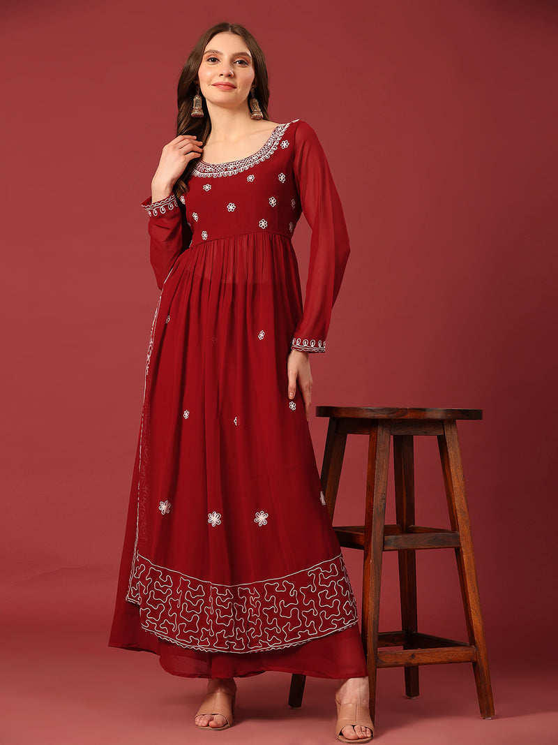 Poshak Hub Women Torquoise georgette Aari work A-Line Kurta with Sharara