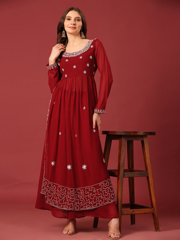 Poshak Hub Women Maroon georgette Aari work A-Line Kurta with Sharara