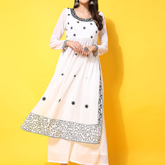 Poshak Hub Women Off-White georgette Aari work A-Line Kurta with Sharara