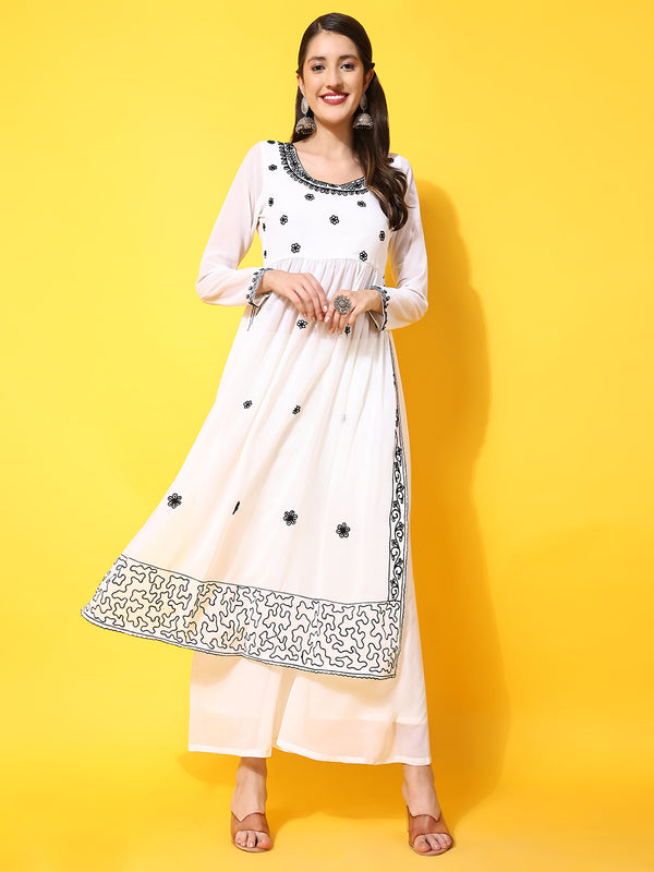 Poshak Hub Women Off-White georgette Aari work A-Line Kurta with Sharara