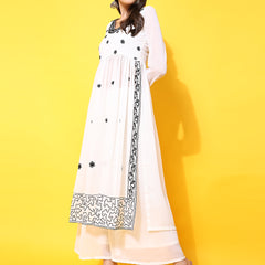 Poshak Hub Women Off-White georgette Aari work A-Line Kurta with Sharara