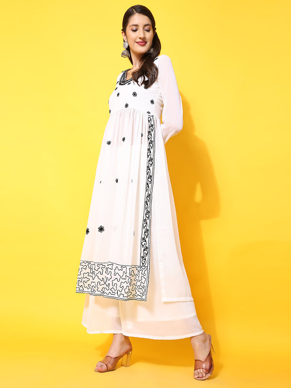 Poshak Hub Women Off-White georgette Aari work A-Line Kurta with Sharara