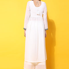 Poshak Hub Women Off-White georgette Aari work A-Line Kurta with Sharara