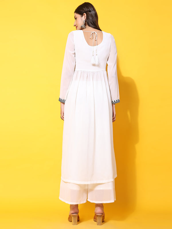 Poshak Hub Women Off-White georgette Aari work A-Line Kurta with Sharara