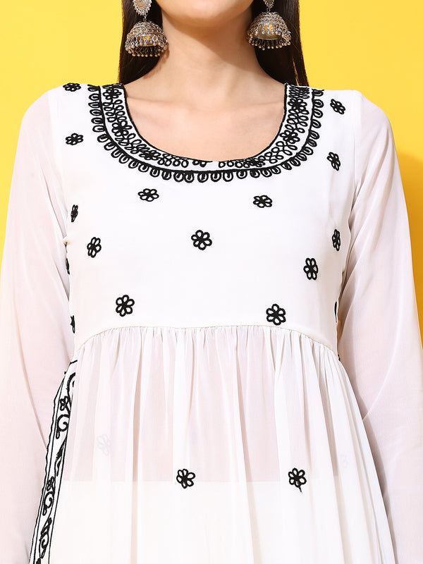 Poshak Hub Women Off-White georgette Aari work A-Line Kurta with Sharara