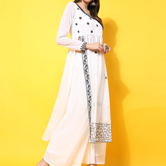 Poshak Hub Women Off-White georgette Aari work A-Line Kurta with Sharara