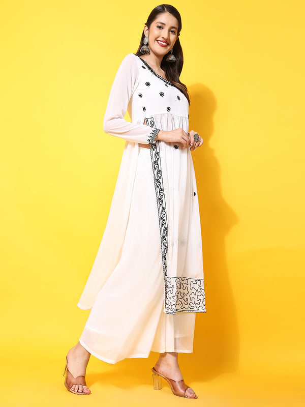 Poshak Hub Women Off-White georgette Aari work A-Line Kurta with Sharara