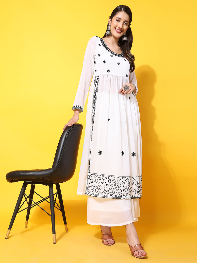 Poshak Hub Women Off-White georgette Aari work A-Line Kurta with Sharara