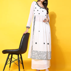 Poshak Hub Women Off-White georgette Aari work A-Line Kurta with Sharara