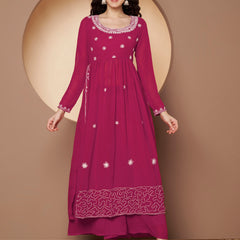 Poshak Hub Women Lavender georgette Aari work A-Line Kurta with Sharara