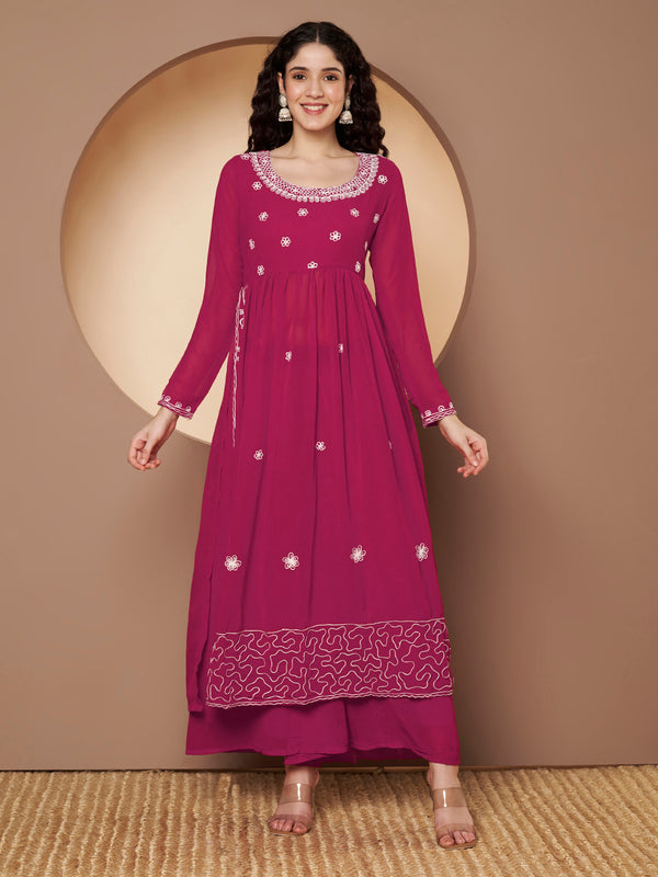 Poshak Hub Women Lavender georgette Aari work A-Line Kurta with Sharara