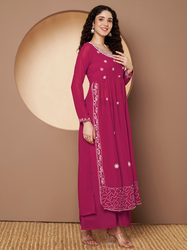Poshak Hub Women Lavender georgette Aari work A-Line Kurta with Sharara