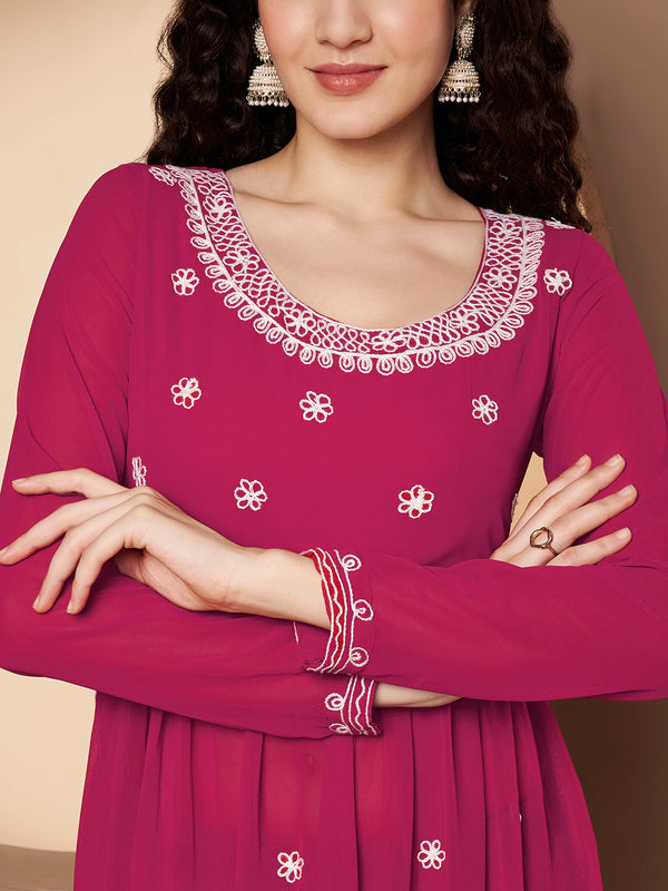 Poshak Hub Women Lavender georgette Aari work A-Line Kurta with Sharara