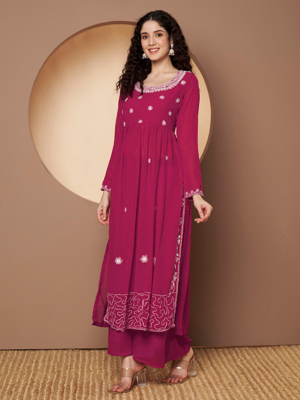 Poshak Hub Women Lavender georgette Aari work A-Line Kurta with Sharara