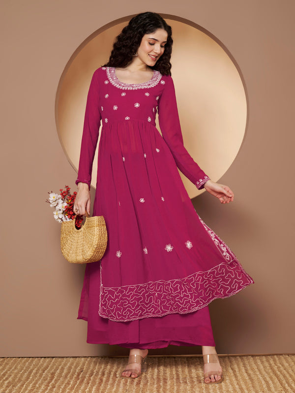 Poshak Hub Women Pink georgette Aari work A-Line Kurta with Sharara