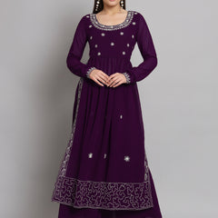 Poshak Hub Women Lavender georgette Aari work A-Line Kurta with Sharara