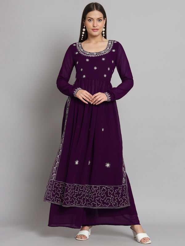 Poshak Hub Women Lavender georgette Aari work A-Line Kurta with Sharara