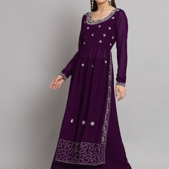 Poshak Hub Women Lavender georgette Aari work A-Line Kurta with Sharara