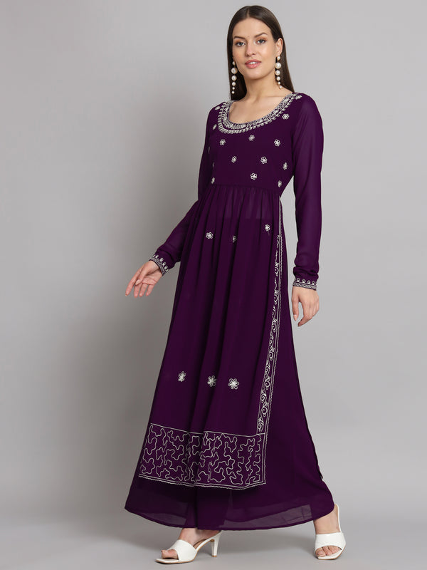 Poshak Hub Women Lavender georgette Aari work A-Line Kurta with Sharara