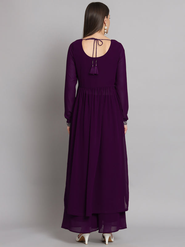 Poshak Hub Women Lavender georgette Aari work A-Line Kurta with Sharara