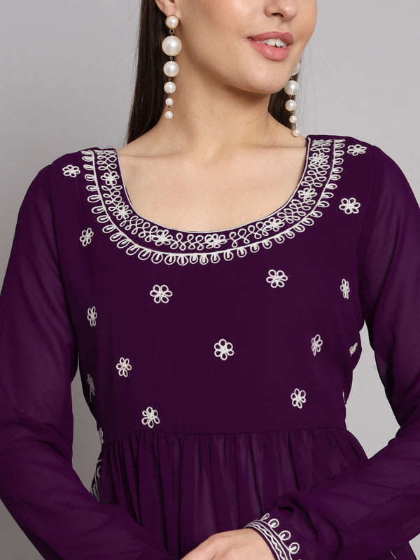 Poshak Hub Women Lavender georgette Aari work A-Line Kurta with Sharara