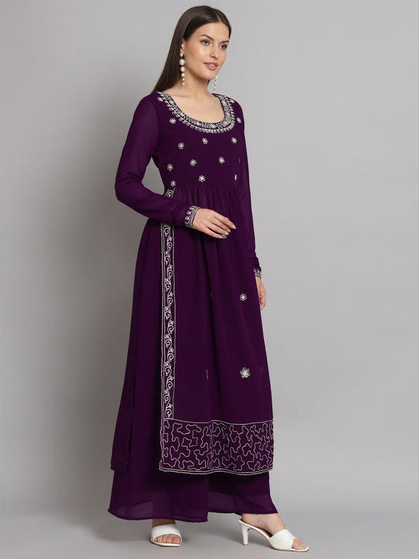 Poshak Hub Women Lavender georgette Aari work A-Line Kurta with Sharara
