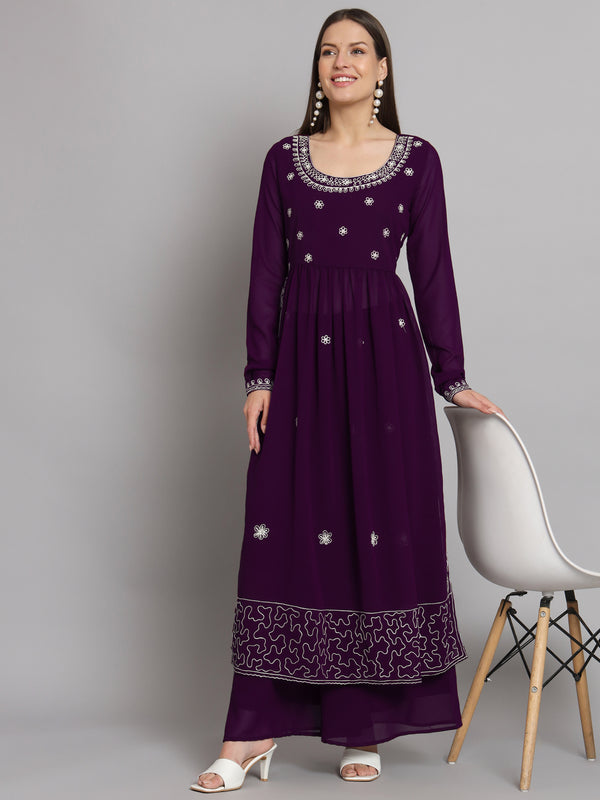 Poshak Hub Women Purple georgette Aari work A-Line Kurta with Sharara