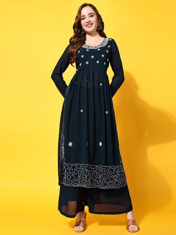 Poshak Hub Women Lavender georgette Aari work A-Line Kurta with Sharara