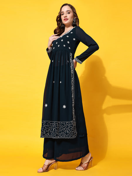 Poshak Hub Women Teal-Blue georgette Aari work A-Line Kurta with Sharara