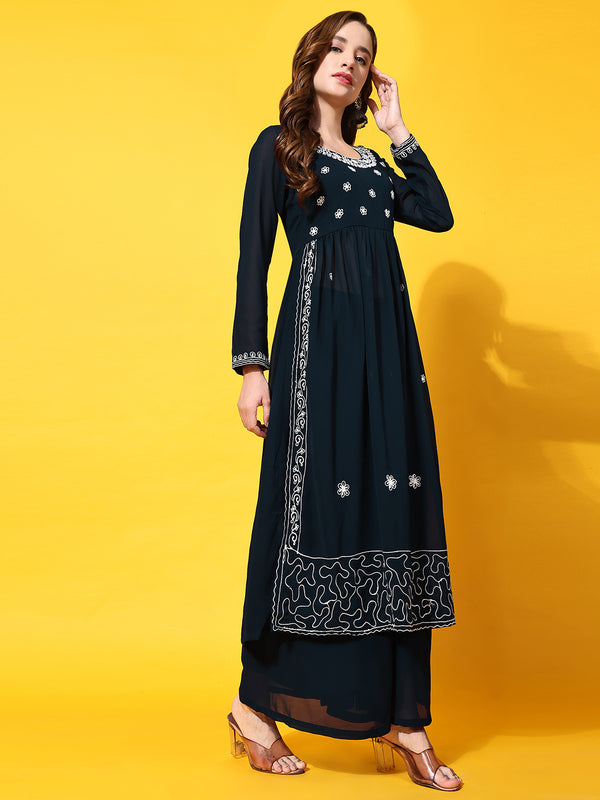 Poshak Hub Women Lavender georgette Aari work A-Line Kurta with Sharara