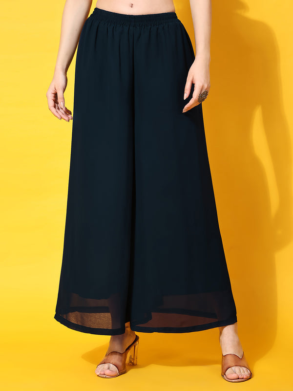 Poshak Hub Women Teal-Blue georgette Aari work A-Line Kurta with Sharara