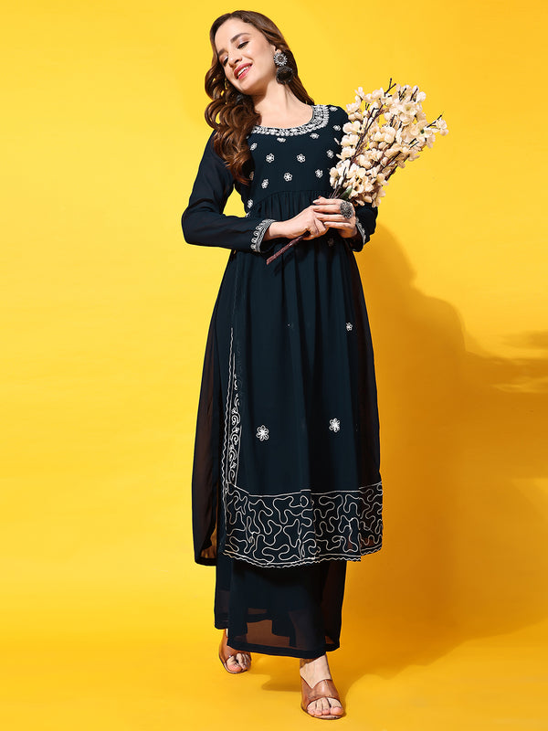 Poshak Hub Women Teal-Blue georgette Aari work A-Line Kurta with Sharara