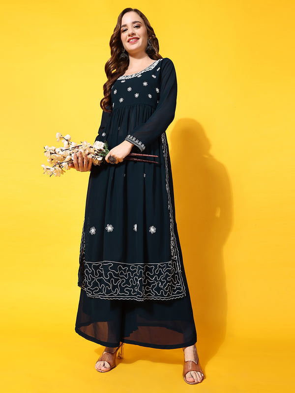Poshak Hub Women Teal-Blue georgette Aari work A-Line Kurta with Sharara