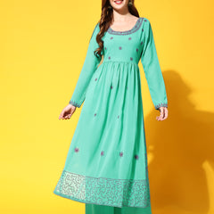 Poshak Hub Women Torquoise georgette Aari work A-Line Kurta with Sharara