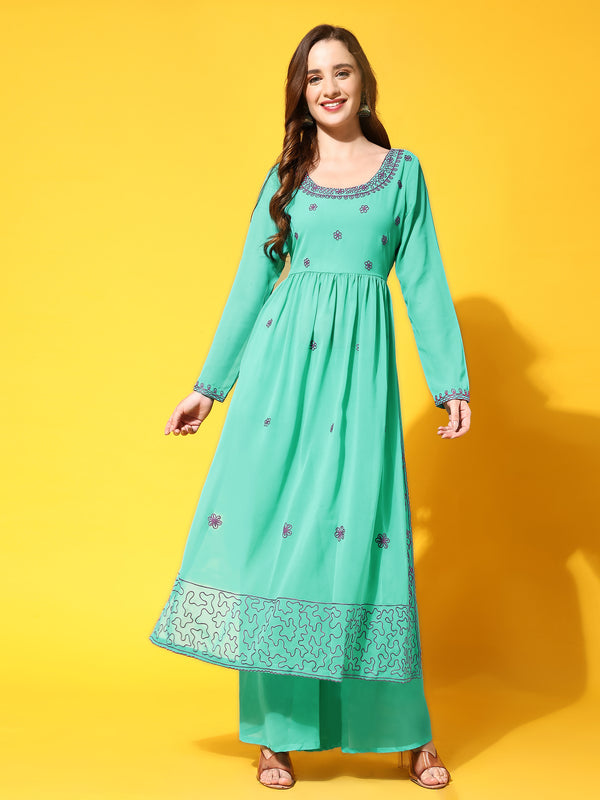 Poshak Hub Women Torquoise georgette Aari work A-Line Kurta with Sharara