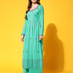 Poshak Hub Women Torquoise georgette Aari work A-Line Kurta with Sharara