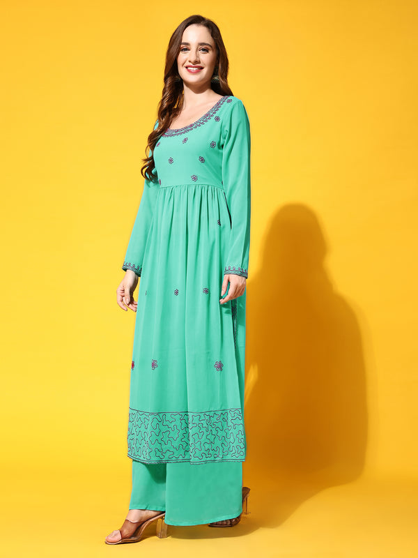 Poshak Hub Women Torquoise georgette Aari work A-Line Kurta with Sharara