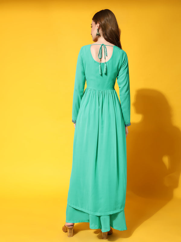 Poshak Hub Women Torquoise georgette Aari work A-Line Kurta with Sharara