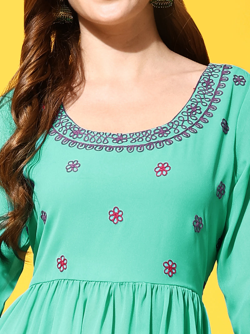Poshak Hub Women Torquoise georgette Aari work A-Line Kurta with Sharara